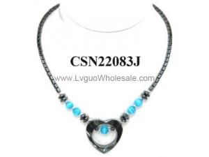 Blue Cat's Eye Opal Beads Hematite Heart Pendant Chain Choker Fashion Necklace
